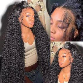 Deep Wave Frontal Wig 13x4 13x6 Hd Transparent Lace Frontal Wig Glueless 5X5 4X4 Wig 28 30 Inch Curly Lace Front Human Hair Wigs (Stretched Length, Density: 30inch, 180 density, Color: 4x4 Lace Wig)